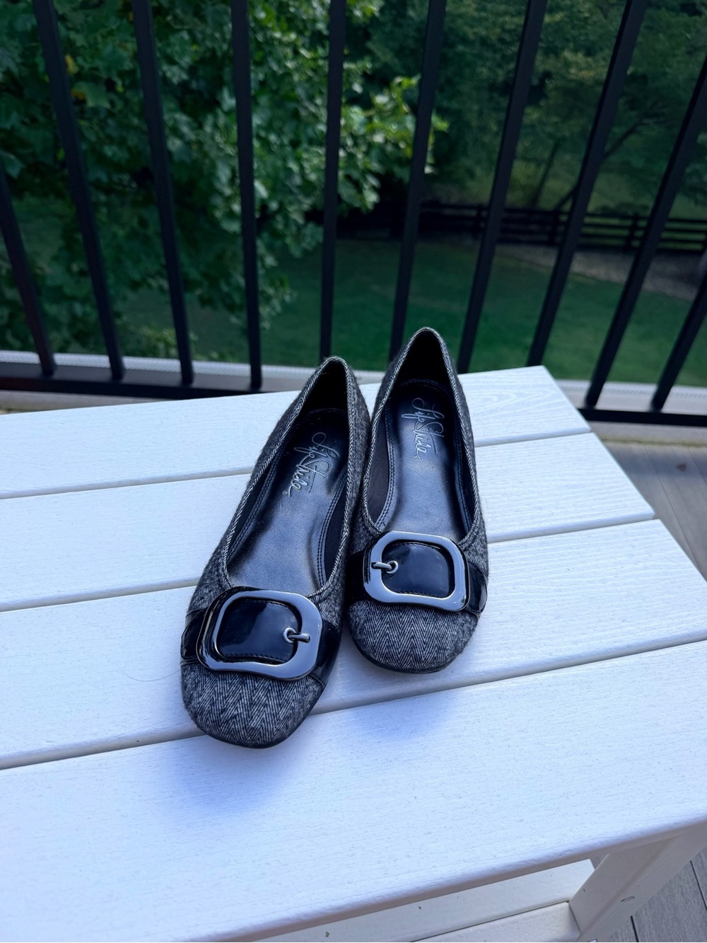Classic Gray Tweed Ballet Flat Style with Slight Heel with Buckle Accent